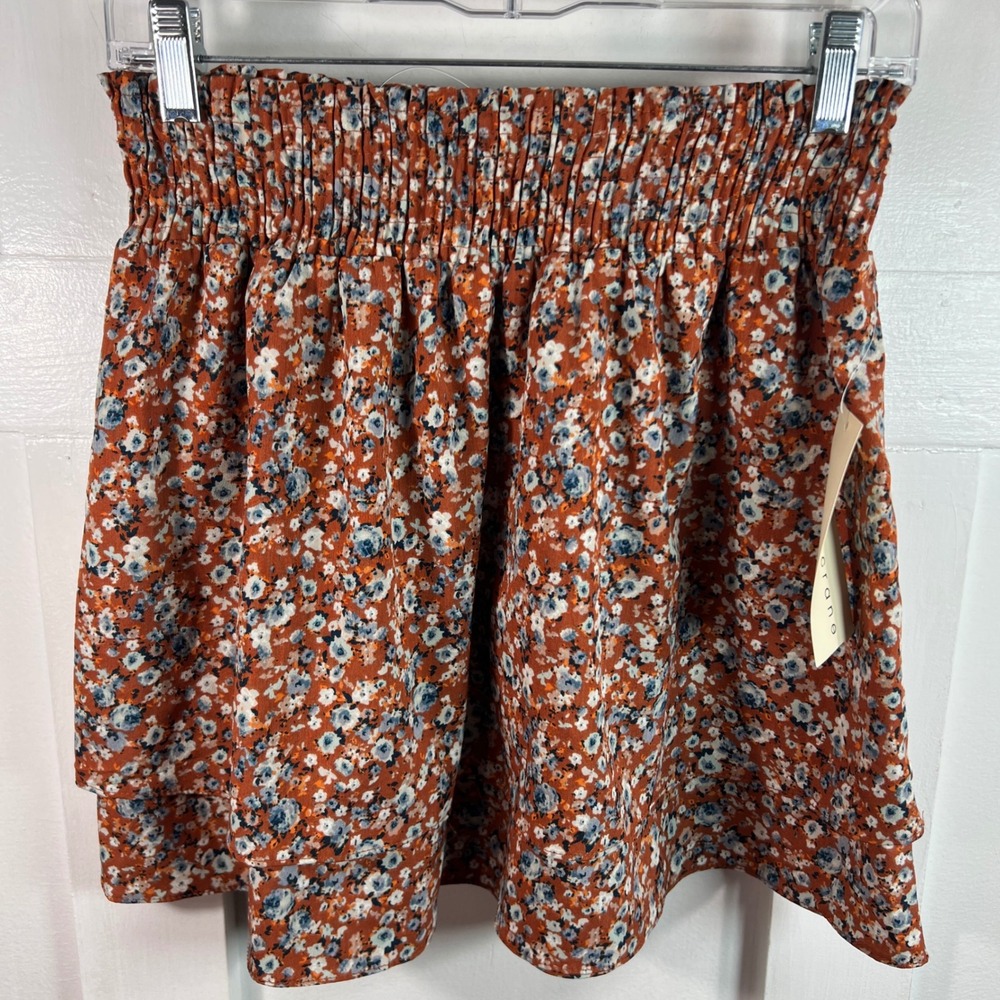 Paper Crane Rust Orange Floral Smocked Mini Skirt Ruffle Tiered Boho NWT